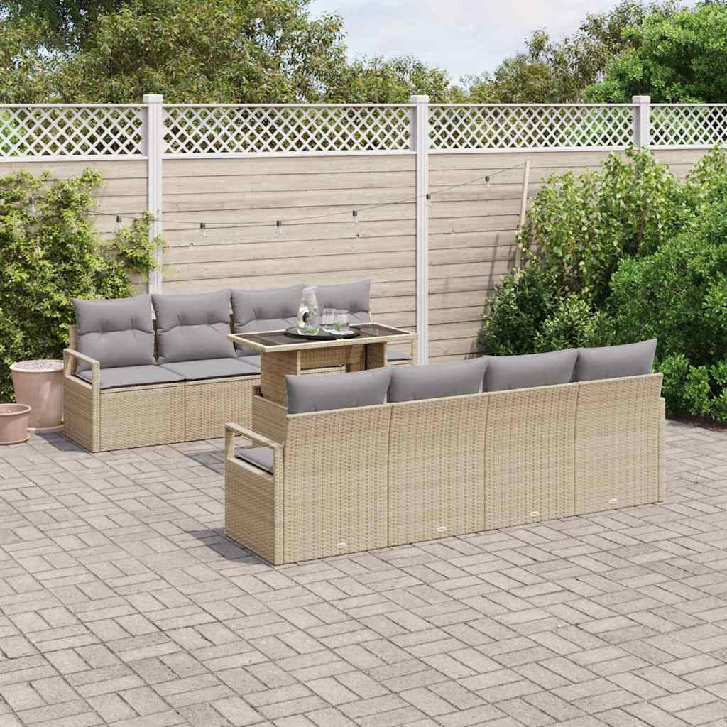 Gartensofa-set mit Kissen 9 pcs Beige und Hellgrau Poly-Rattan