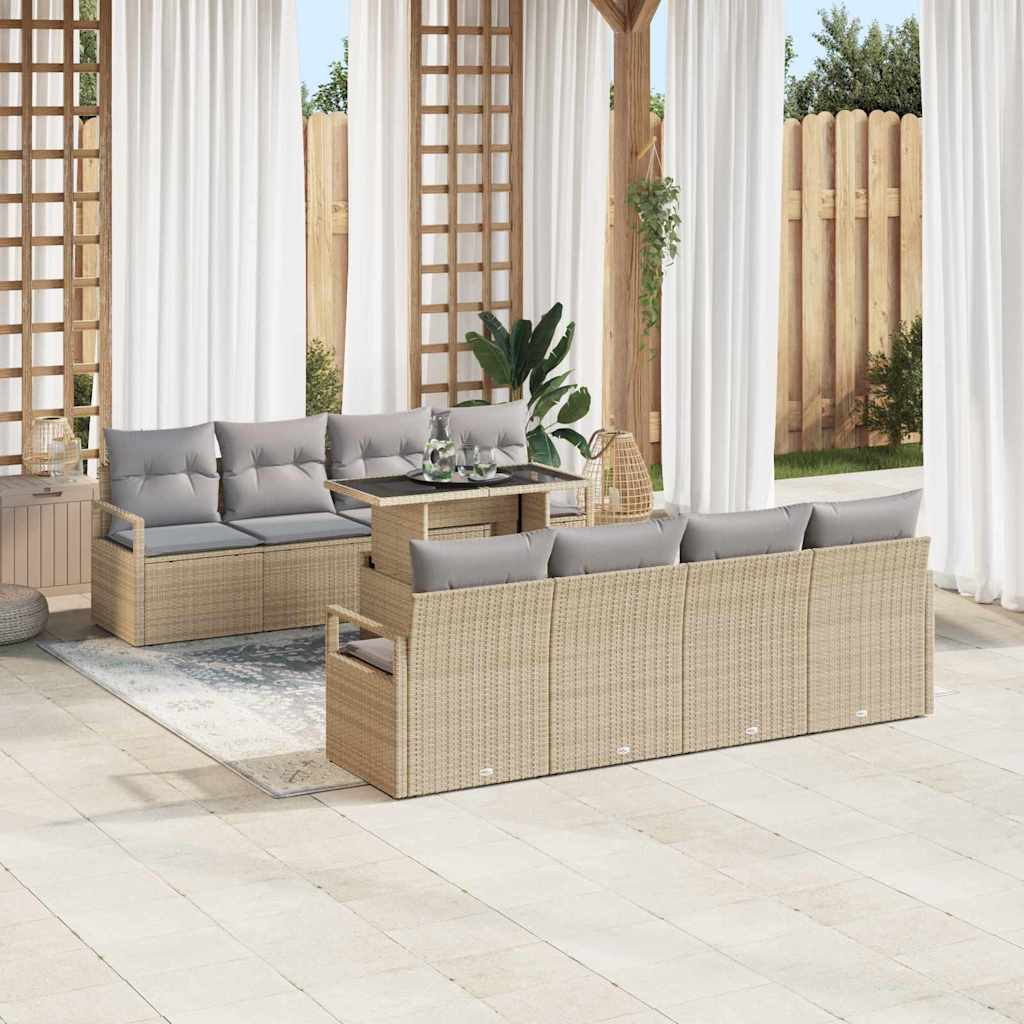 Gartensofa-set mit Kissen 9 pcs Beige und Hellgrau Poly-Rattan