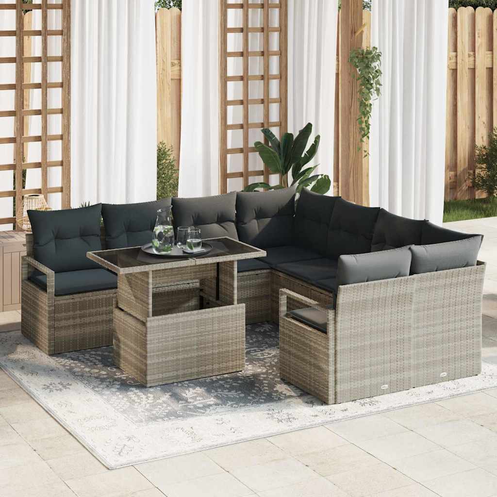 Garten-Sofa-Set mit Kissen 9 pcs Hellgrau Poly-Rattan