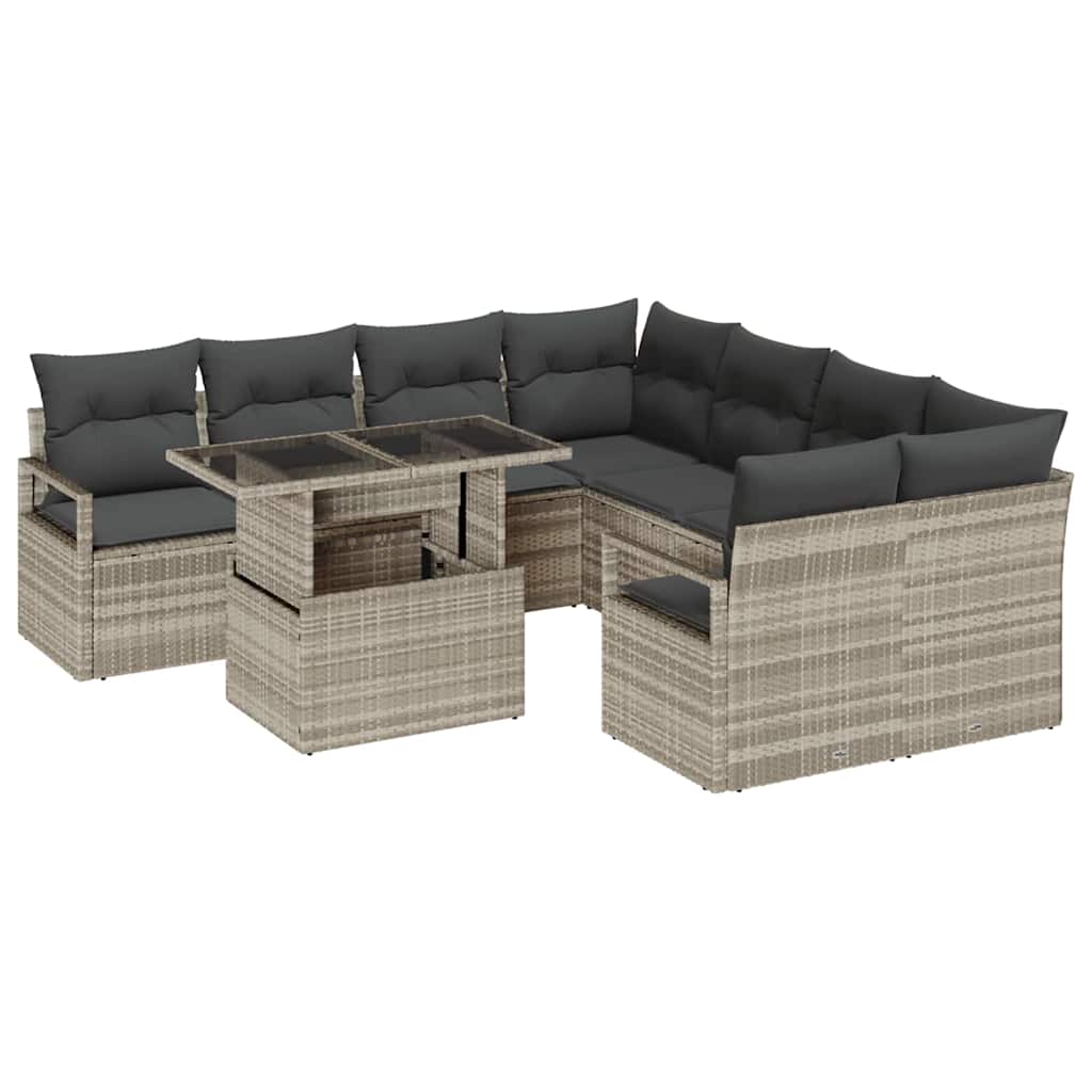 Garten-Sofa-Set mit Kissen 9 pcs Hellgrau Poly-Rattan