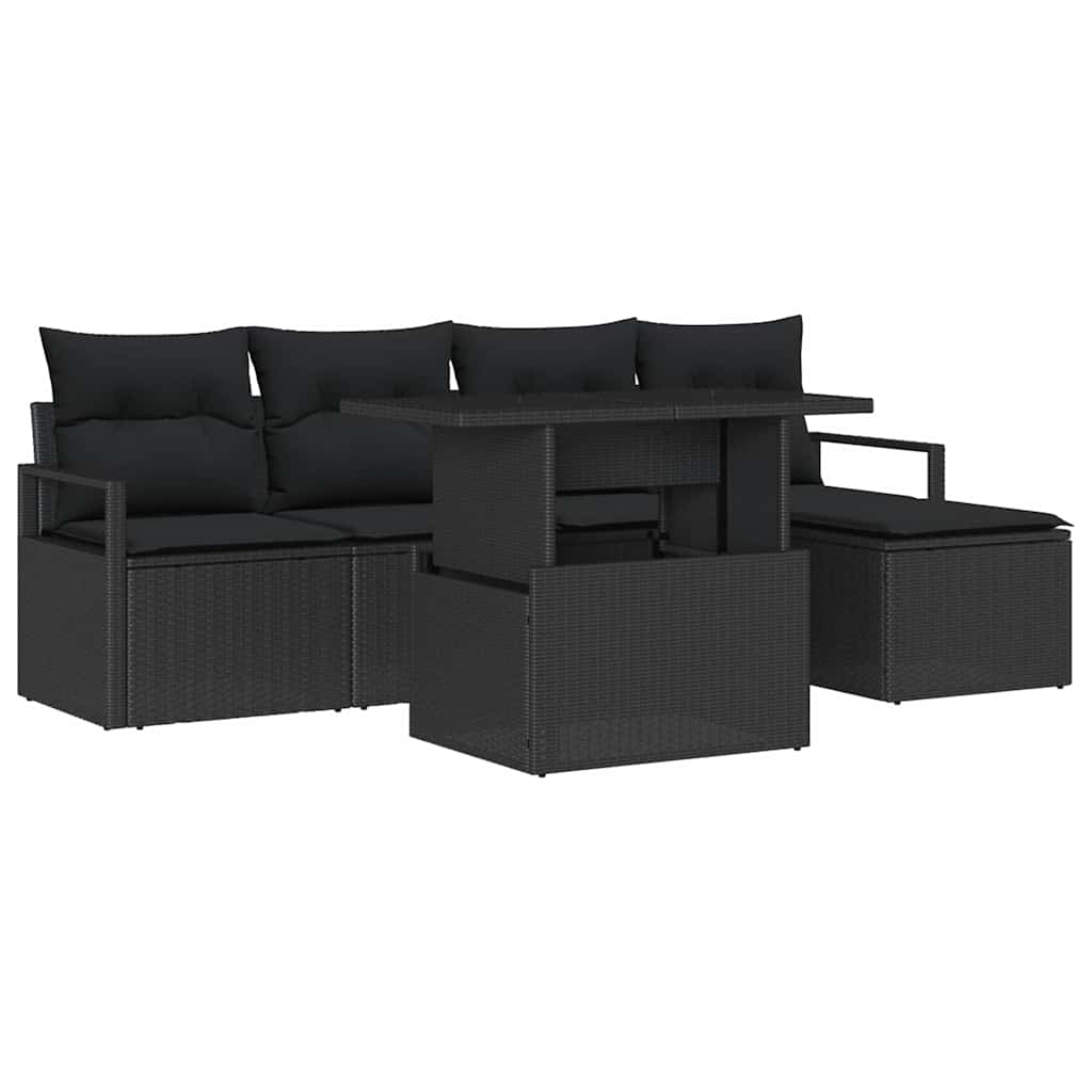 Garten-Sofa-Set mit Kissen 6 pcs Schwarz Poly-Rattan