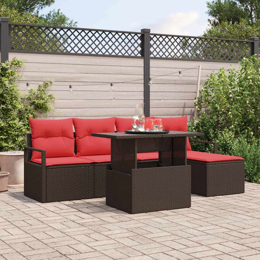 Gartensofa-set mit Speicher 6 pcs Braun und Rot Poly-Rattan