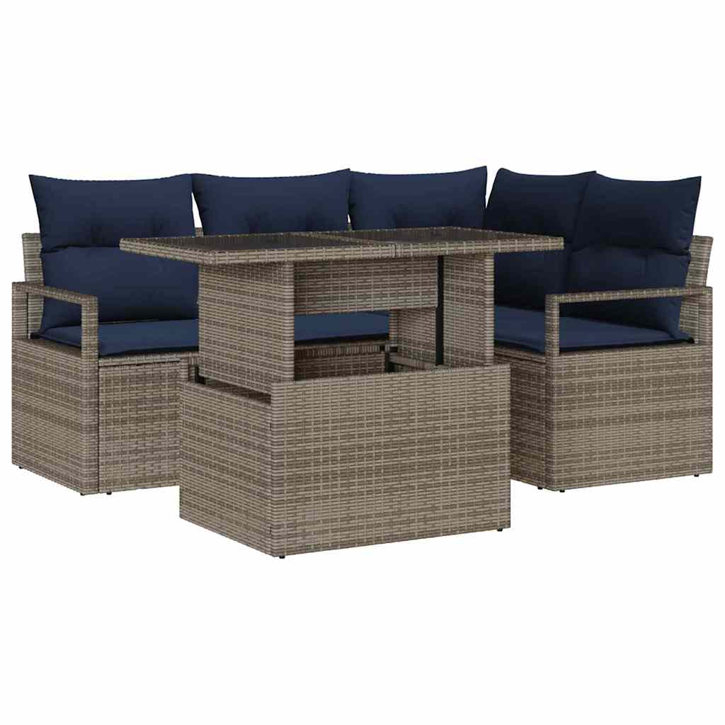 Garten-Sofa-Set 5 pcs Grau und Marineblau Poly-Rattan