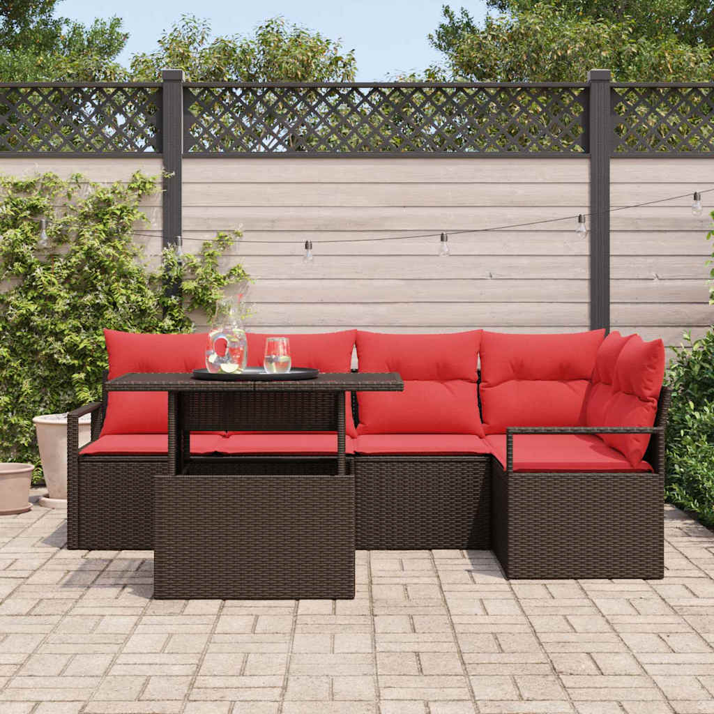 Garten-Sofa-Set mit Kissen 6 pcs Braun und Rot Poly-Rattan
