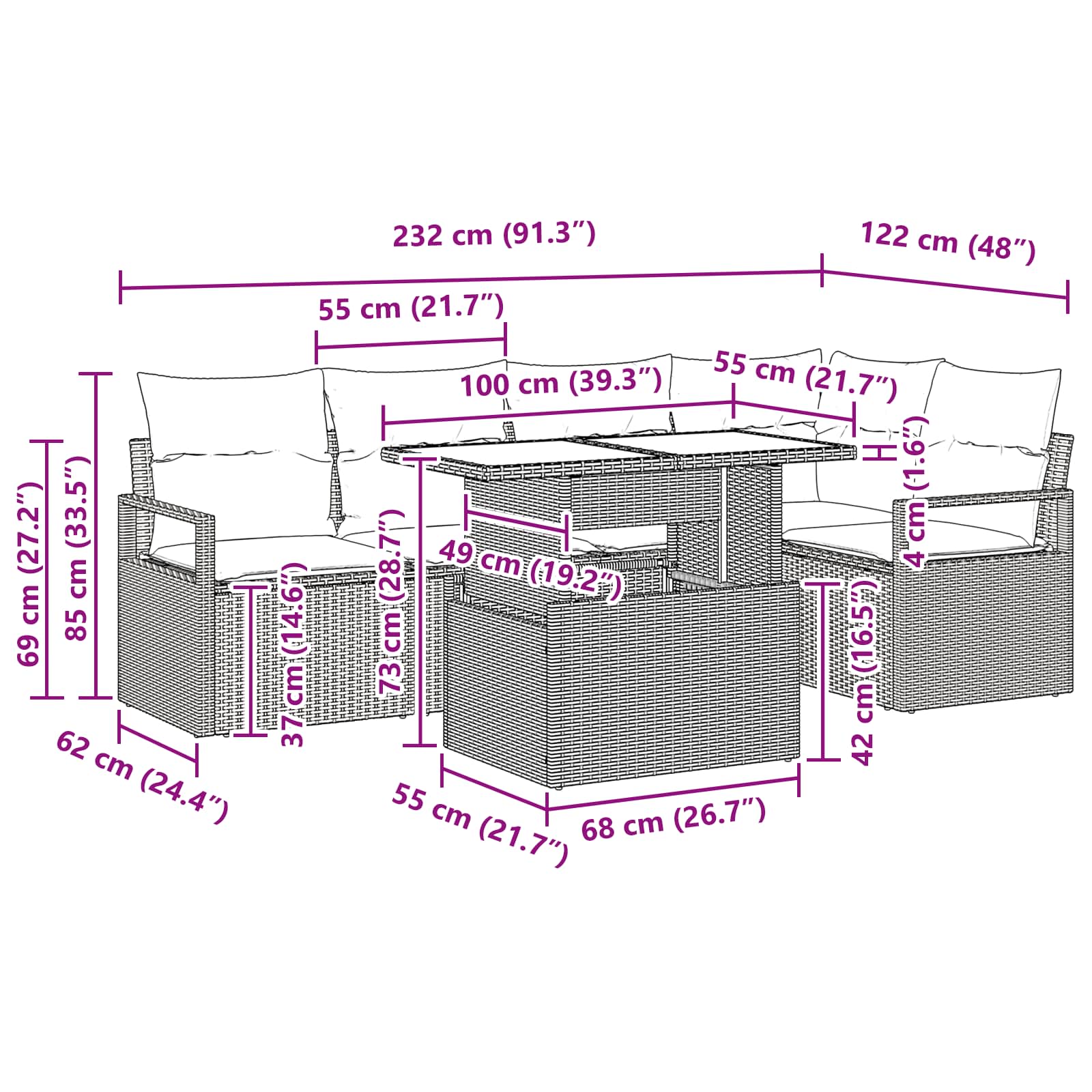 Garten-Sofa-Set mit Kissen 6 pcs Braun und Rot Poly-Rattan