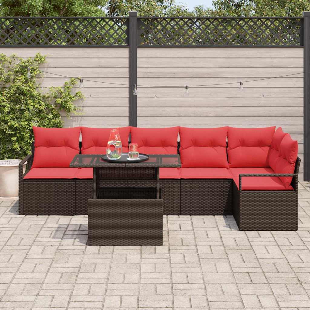 Gartensofa-set mit Speicher 7 pcs Braun und Rot Poly-Rattan