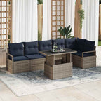 Gartensofa-set mit Kissen 7 pcs Grau und Marineblau Poly-Rattan