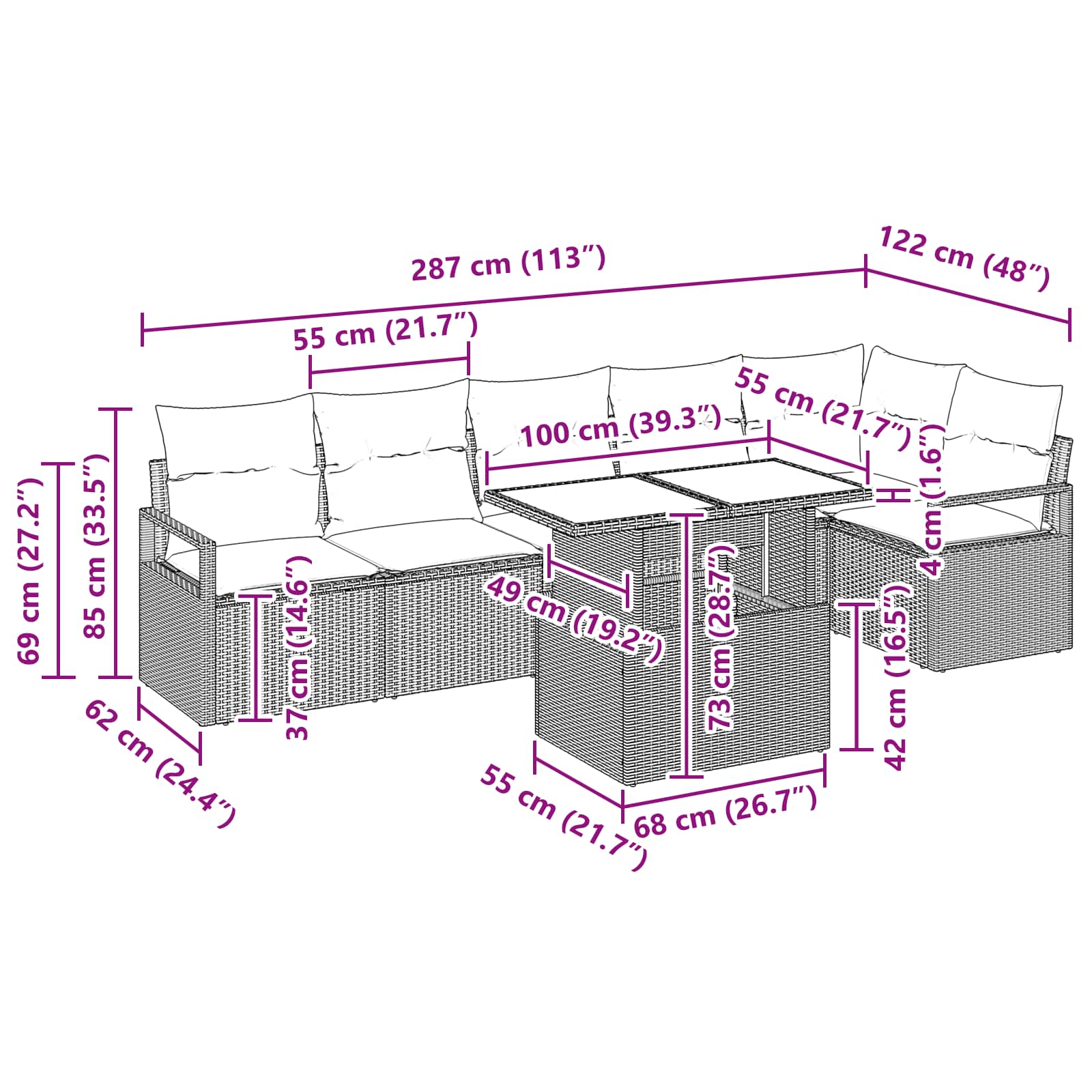 Gartensofa-set mit Kissen 7 pcs Grau und Marineblau Poly-Rattan