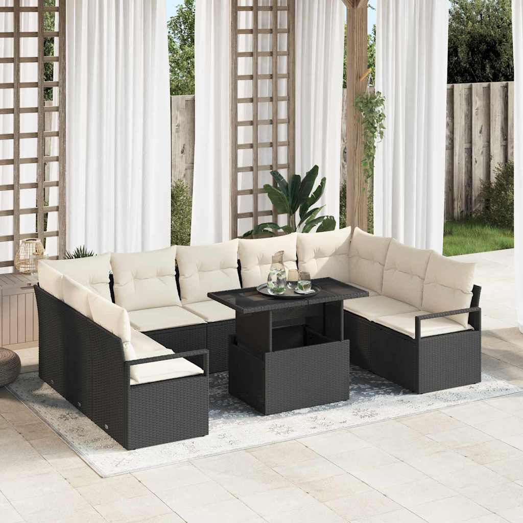 Garten-Sofa-Set mit Kissen 10 pcs Schwarz und Creme Poly-Rattan