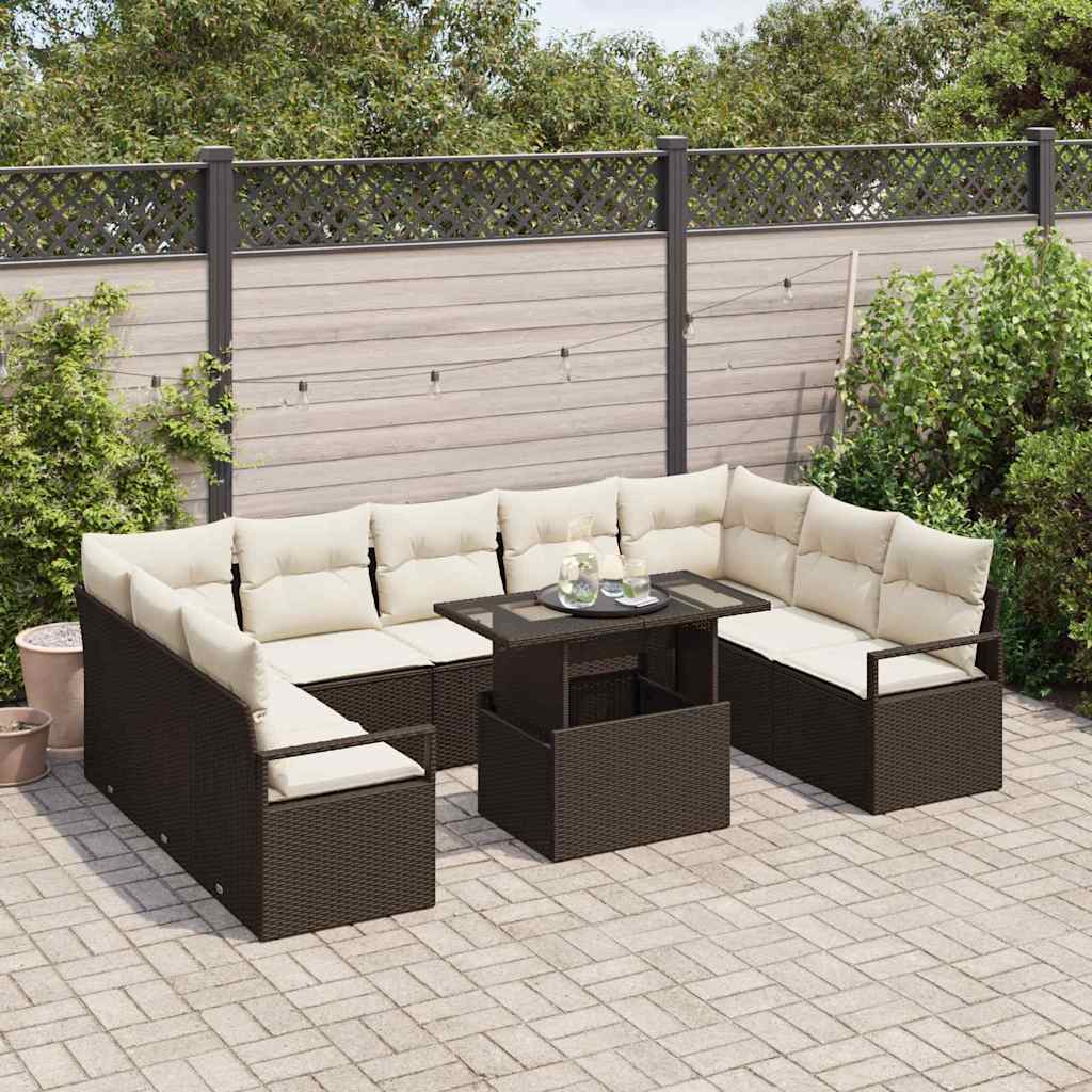 Garten-Sofa-Set mit Kissen 10 pcs Braun und Creme Poly-Rattan