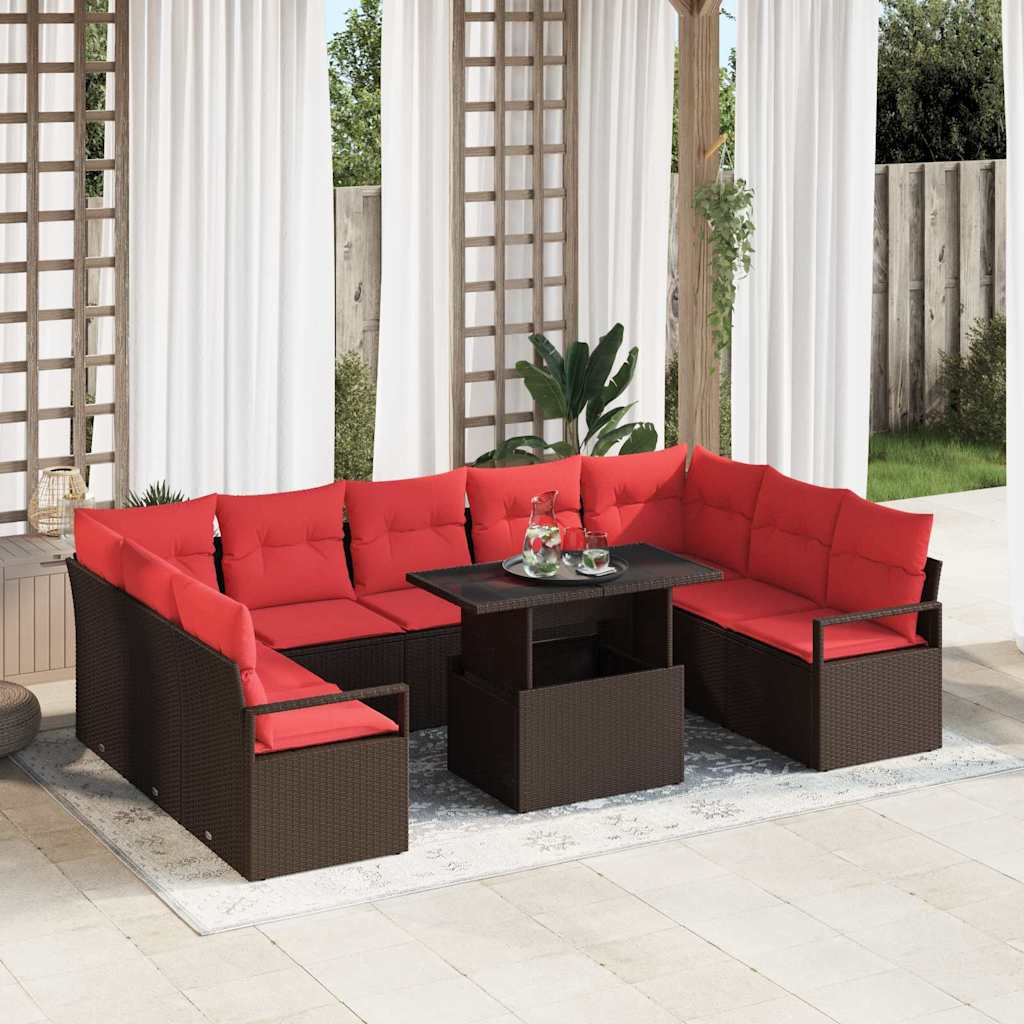 Gartensofa-set mit Speicher 10 pcs Braun und Rot Poly Rattan