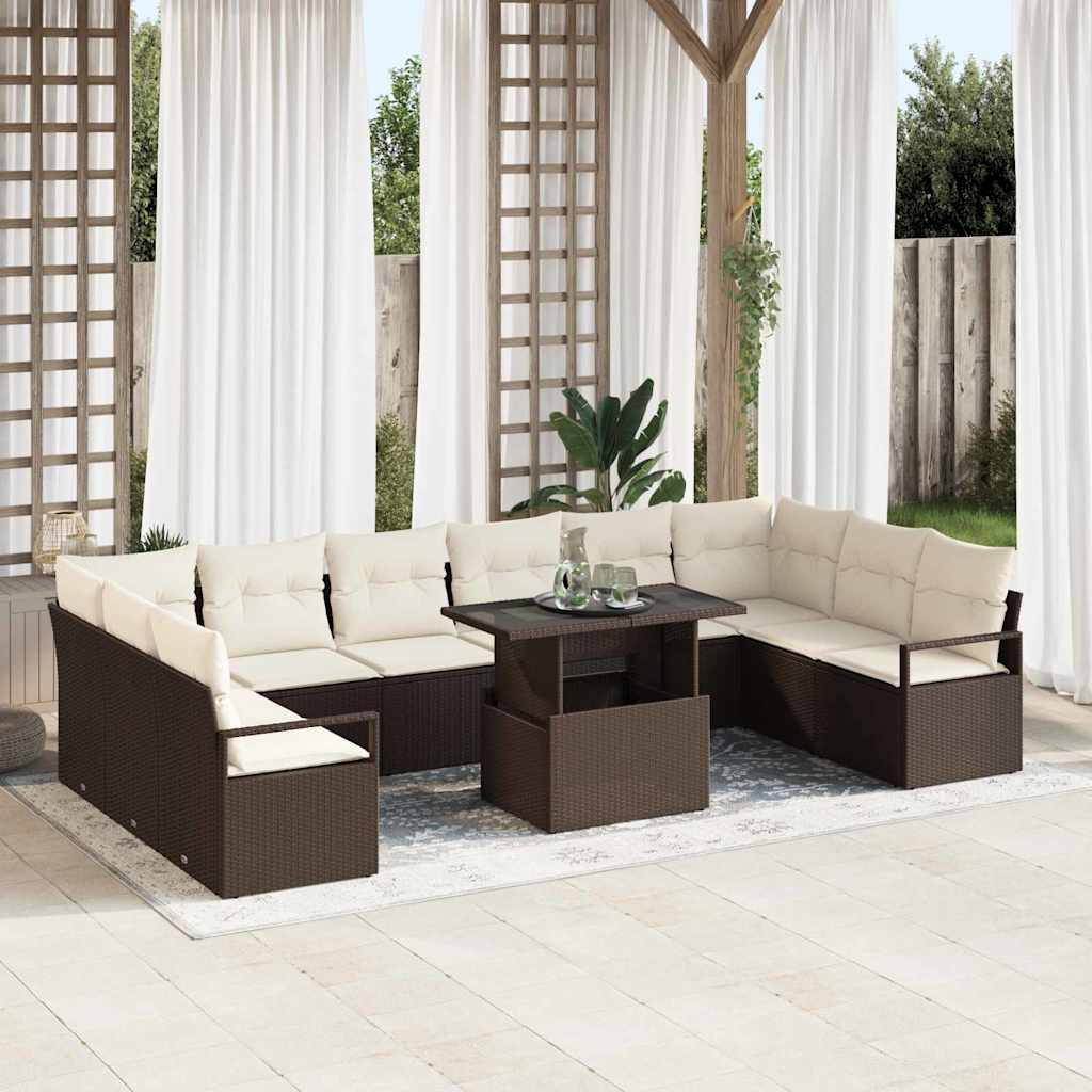 Garten-Sofa-Set mit Kissen 11 pcs Braun und Creme Poly-Rattan