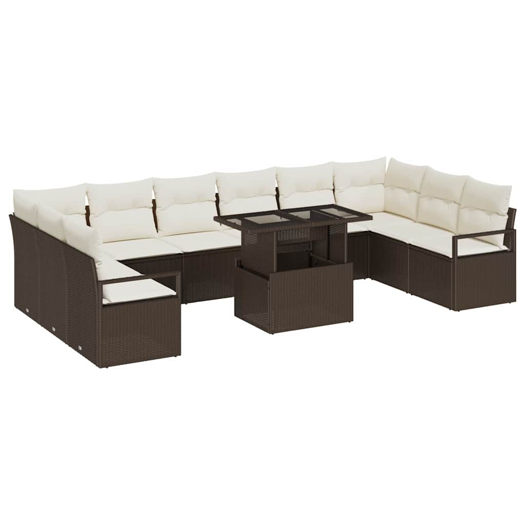 Garten-Sofa-Set mit Kissen 11 pcs Braun und Creme Poly-Rattan