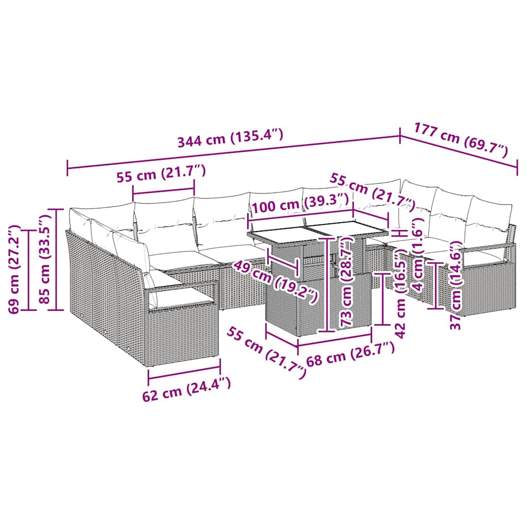 Garten-Sofa-Set mit Kissen 11 pcs Schwarz Poly-Rattan