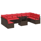 Garten-Sofa-Set mit Kissen 11 pcs Braun und Rot Poly-Rattan