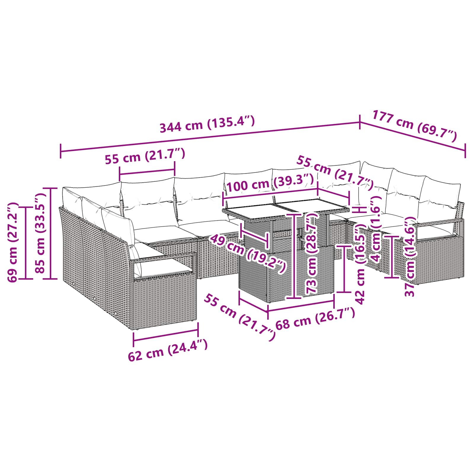 Garten-Sofa-Set mit Kissen 11 pcs Braun und Rot Poly-Rattan