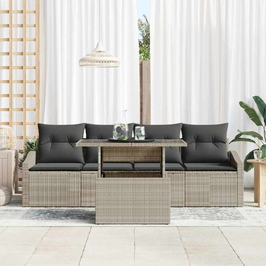 Garten-Sofa-Set mit Kissen 5 pcs Hellgrau Poly-Rattan