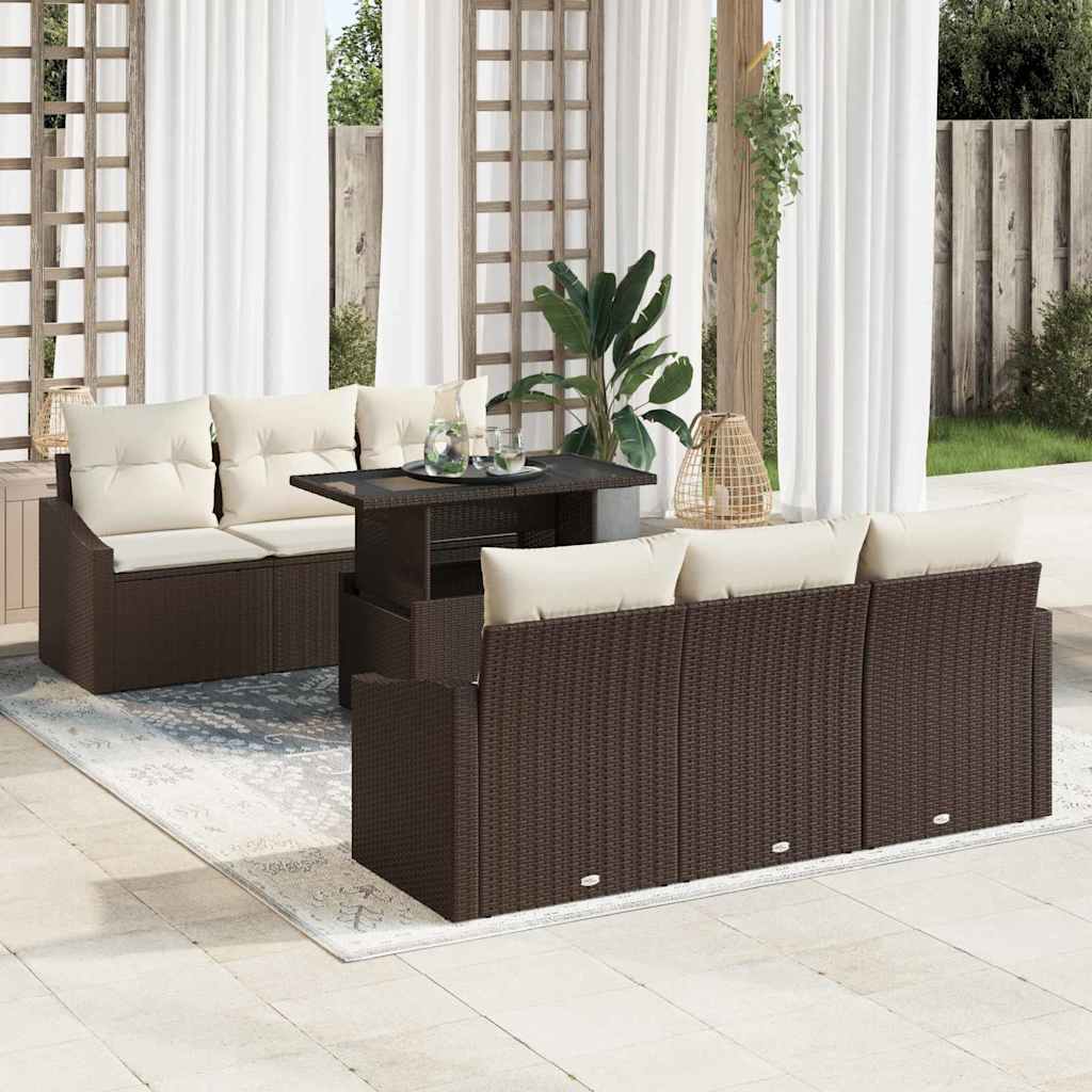 Garten-Sofa-Set mit Kissen 7 pcs Braun und Creme Poly-Rattan