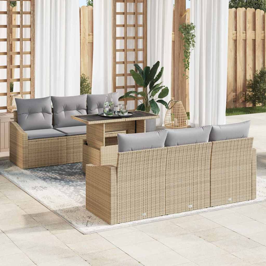 Gartensofa-set mit Kissen 7 pcs Beige und Hellgrau Poly-Rattan