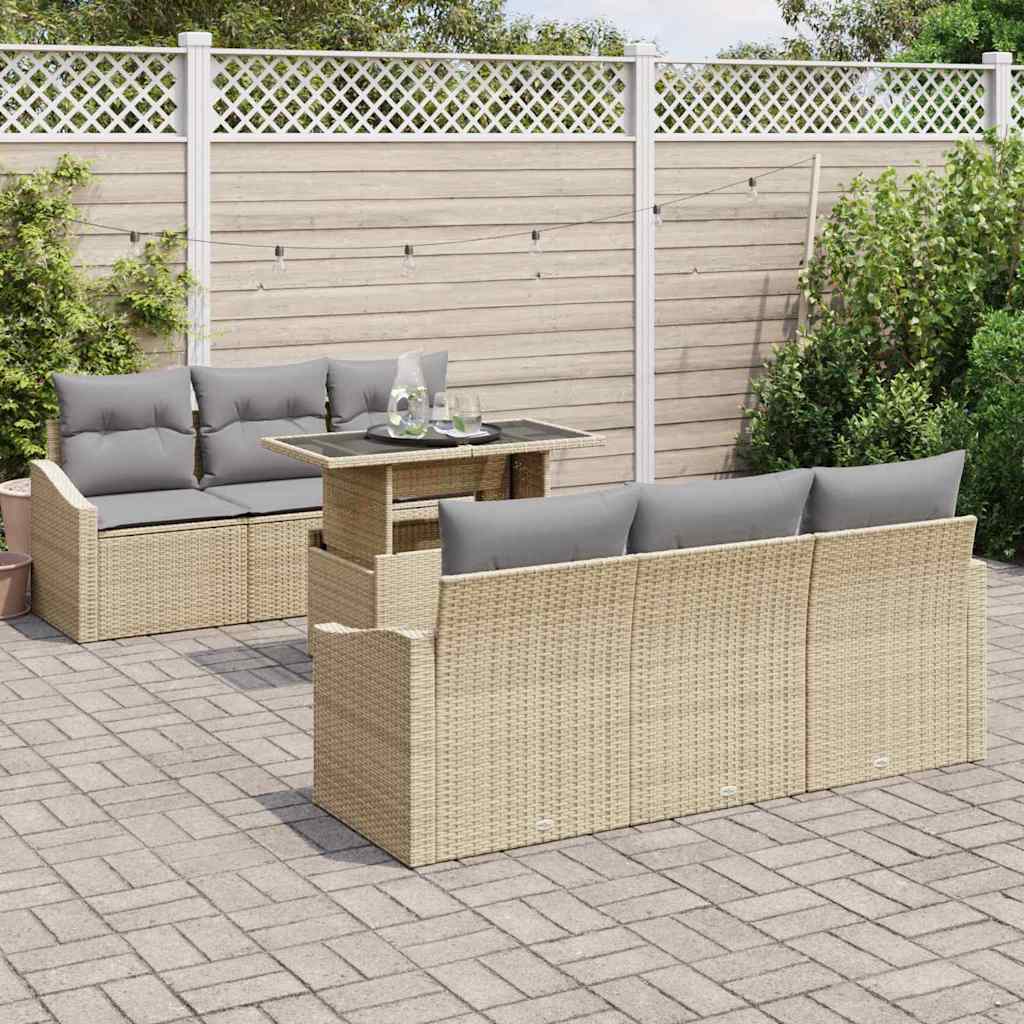 Gartensofa-set mit Kissen 7 pcs Beige und Hellgrau Poly-Rattan