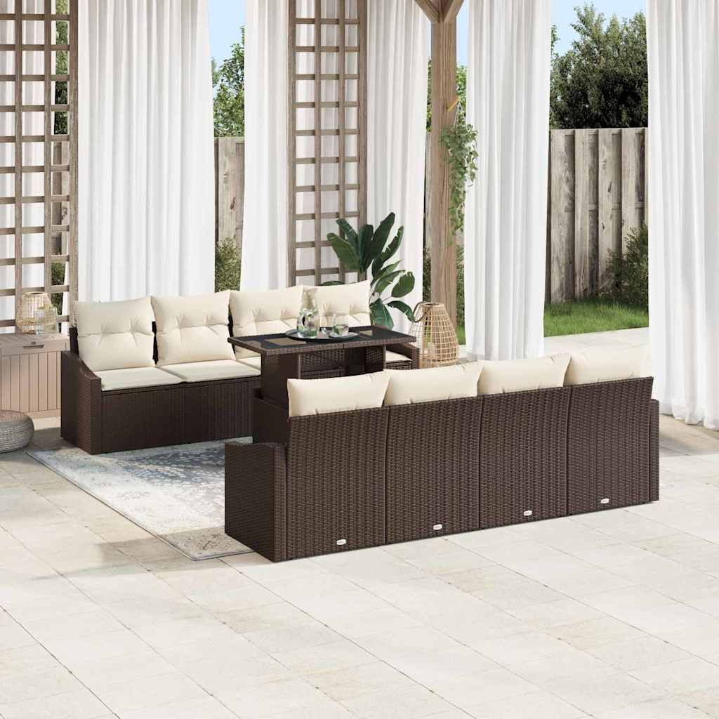 Gartensofa-set mit Kissen 7 pcs Braun und Creme Poly-Rattan