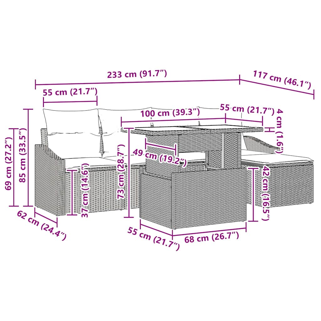Garten-Sofa-Set mit Kissen 6 pcs Schwarz