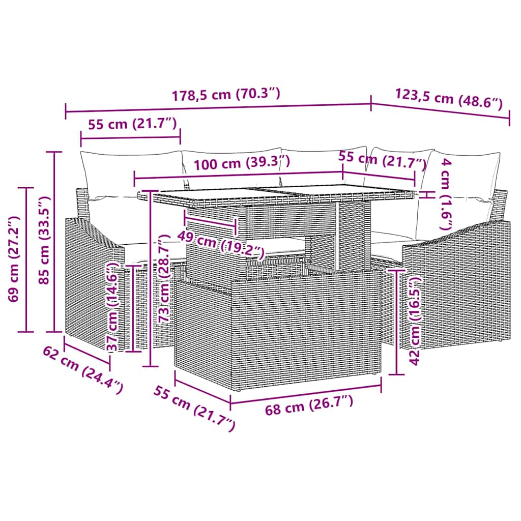 Gartensofa-set mit Kissen 5 pcs Braun und Creme Poly-Rattan