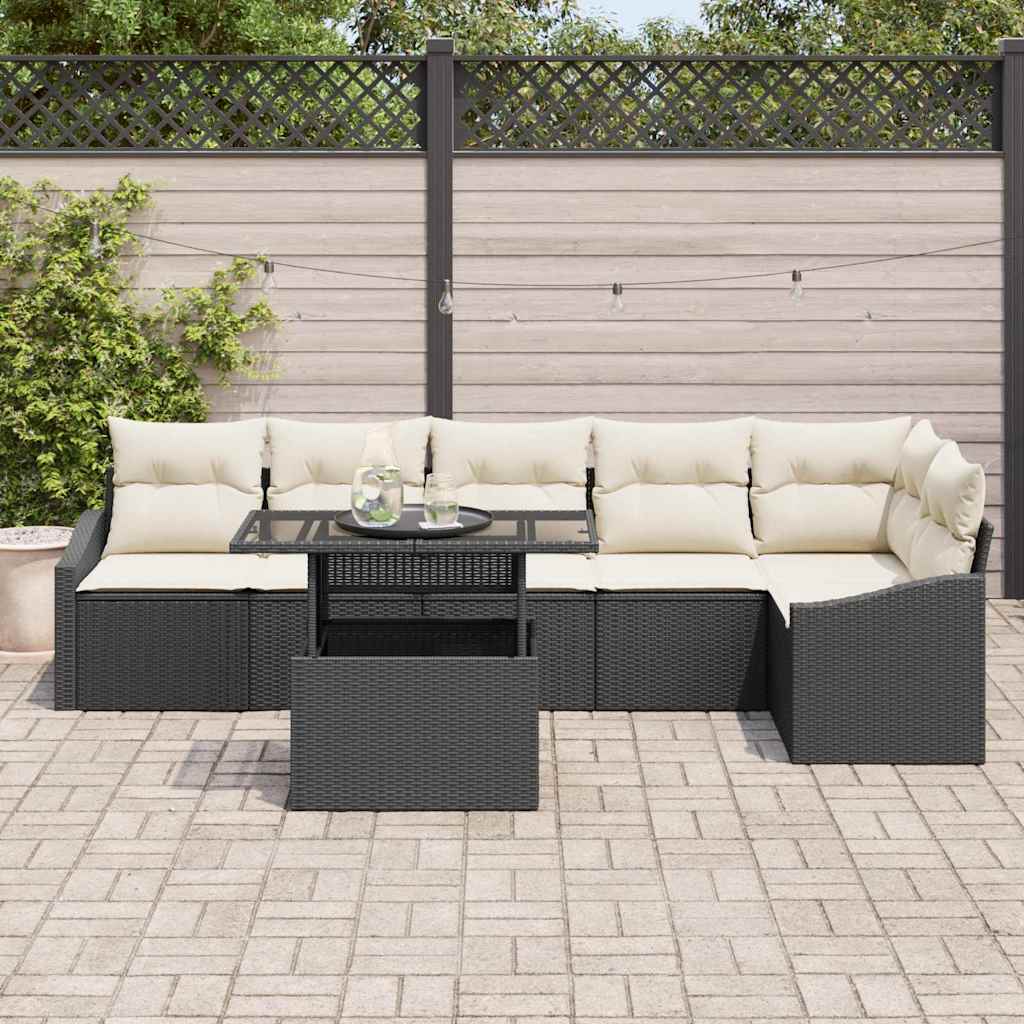 Garten-Sofa-Set mit Kissen mit Speicher 7 pcs Schwarz und Creme