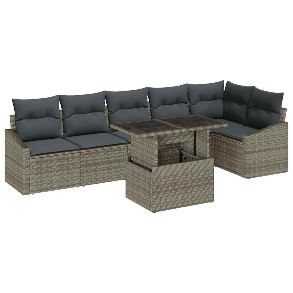 Gartensofa-set mit Kissen mit Speicher 7 pcs Grau Poly-Rattan
