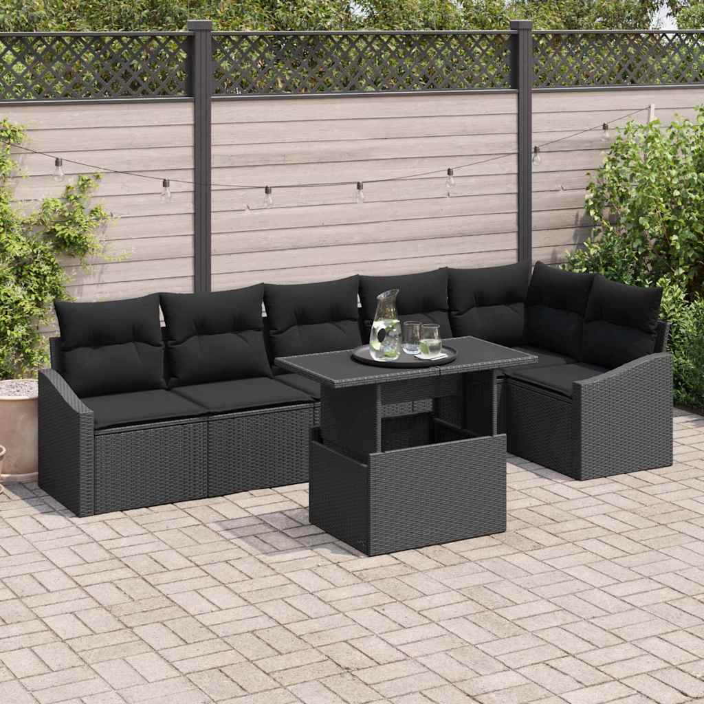 Gartensofa-set mit Kissen 7 pcs Schwarz Poly-Rattan