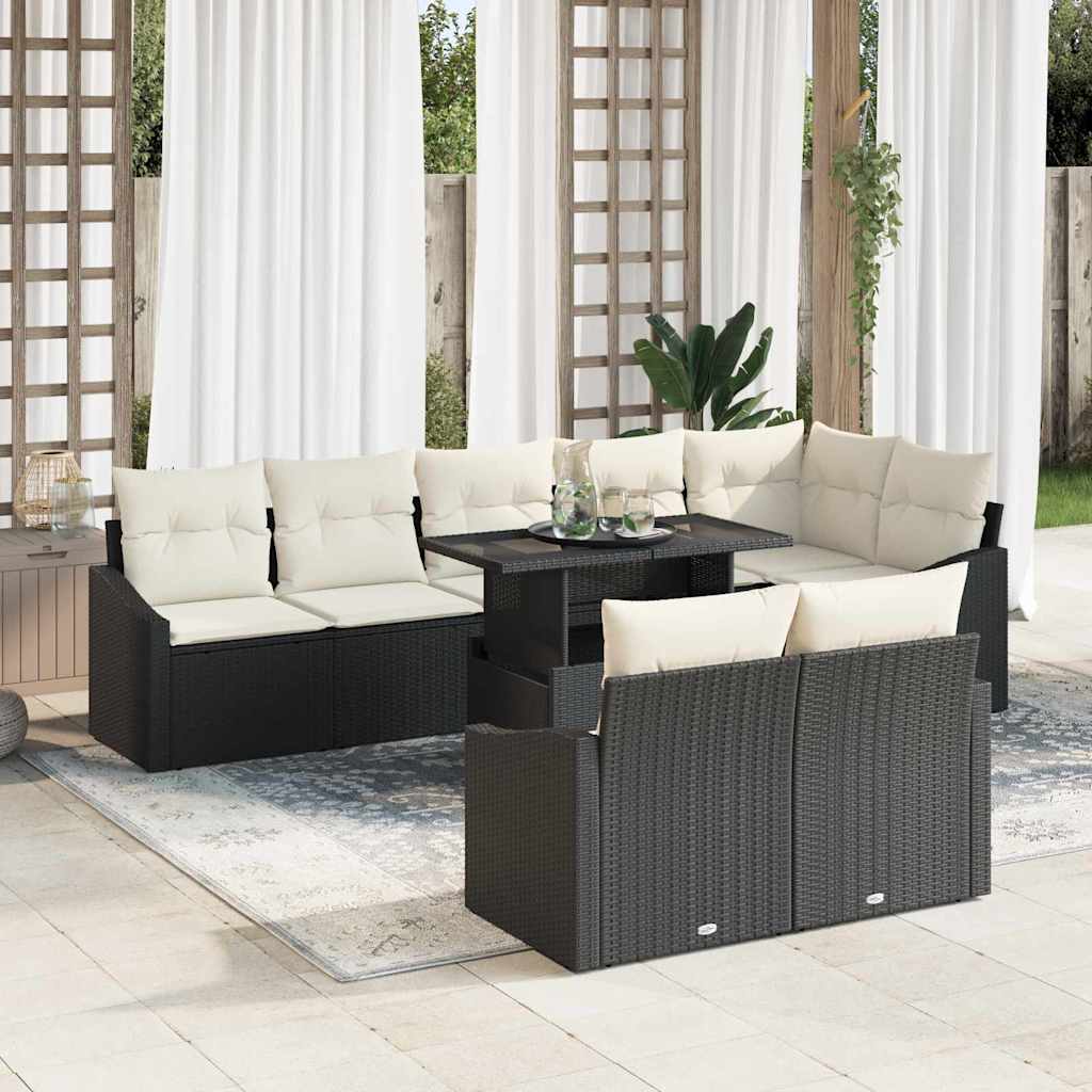 Gartensofa-set mit Kissen 9 pcs Schwarz und Creme Poly-Rattan