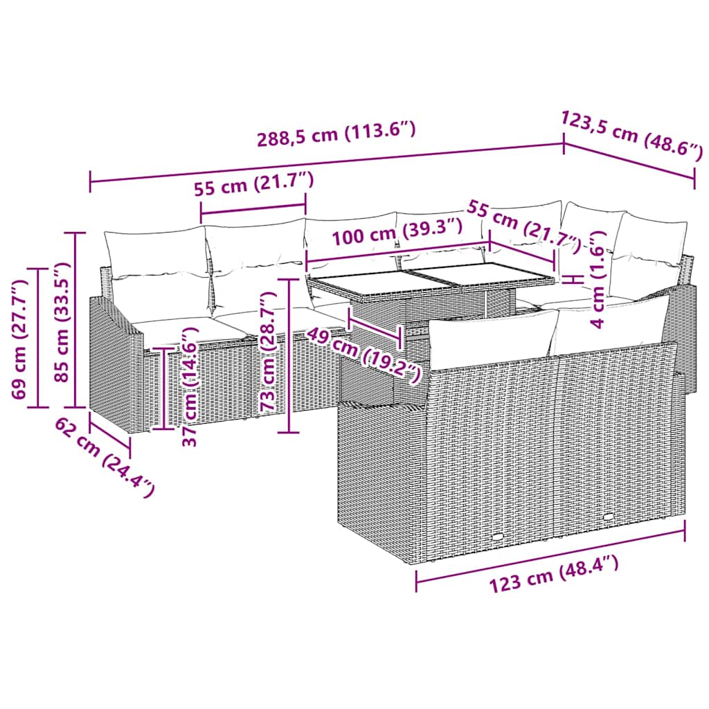 Gartensofa-set mit Kissen mit Speicher 9 pcs Grau Poly-Rattan