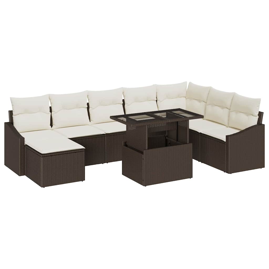 Sofa Set mit Kissen 9 pcs Braun und Creme Poly-Rattan