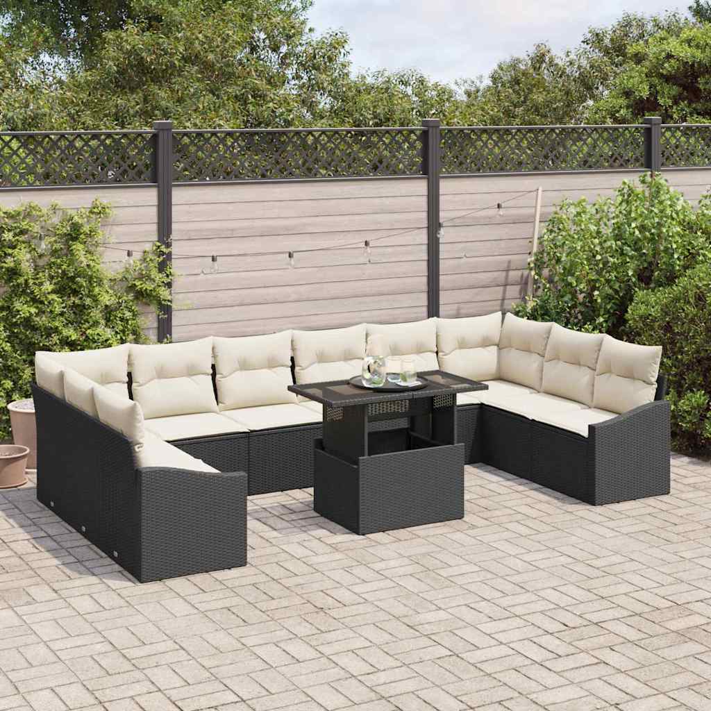 Sofa Set mit Kissen 11 pcs Schwarz und Creme Poly-Rattan