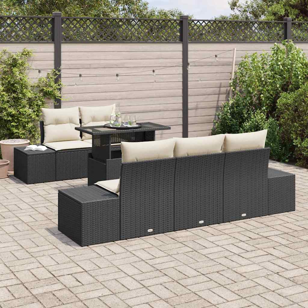 Sofa Set mit Kissen 6 pcs Schwarz und Creme Poly-Rattan