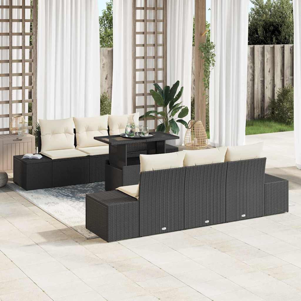 Sofa Set mit Kissen 7 pcs Schwarz und Creme Poly-Rattan