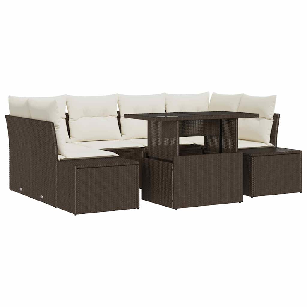 Sofa Set mit Kissen 7 pcs Braun und Creme Poly-Rattan