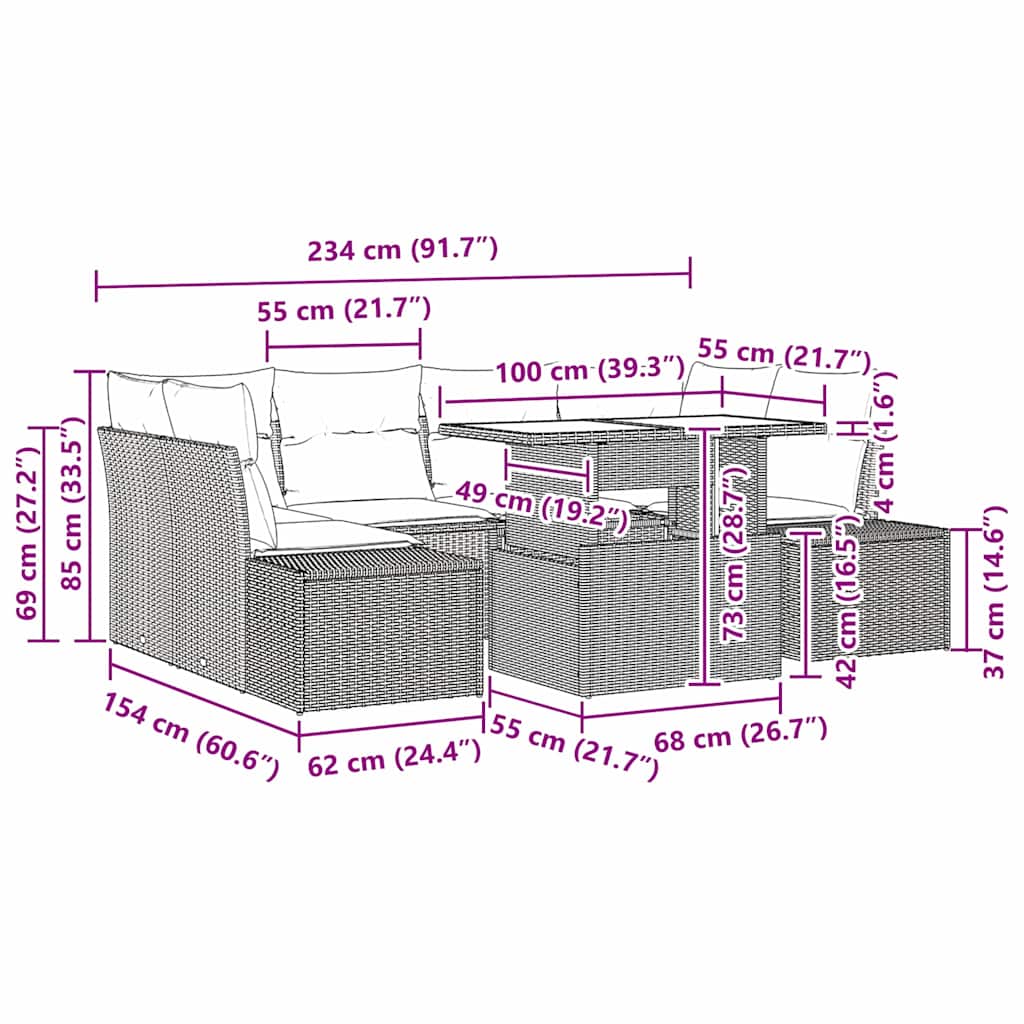 Sofa Set mit Kissen 7 pcs Braun und Creme Poly-Rattan