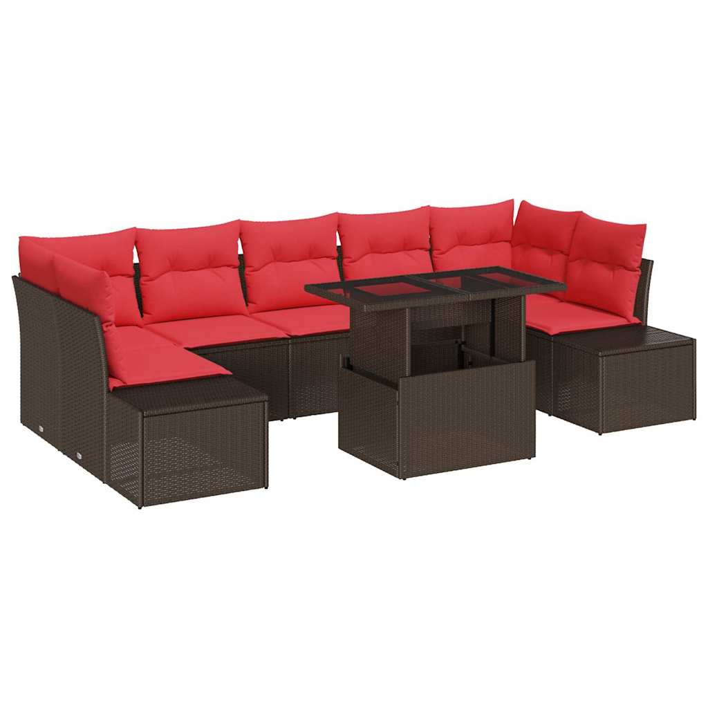 Gartensofa-set mit Kissen 8 pcs Braun und Rot Poly-Rattan