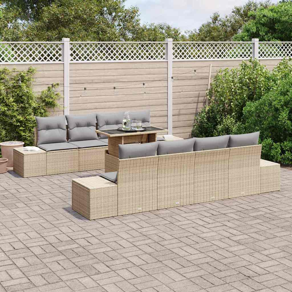 Gartensofa-set mit Kissen 9 pcs Beige und Hellgrau Poly-Rattan