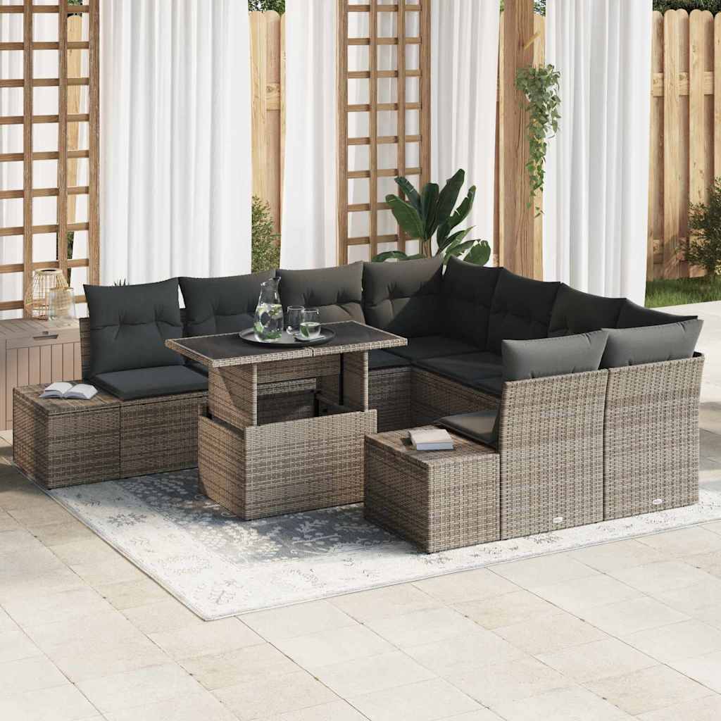 Gartensofa-set mit Kissen 9 pcs Grau Poly-Rattan