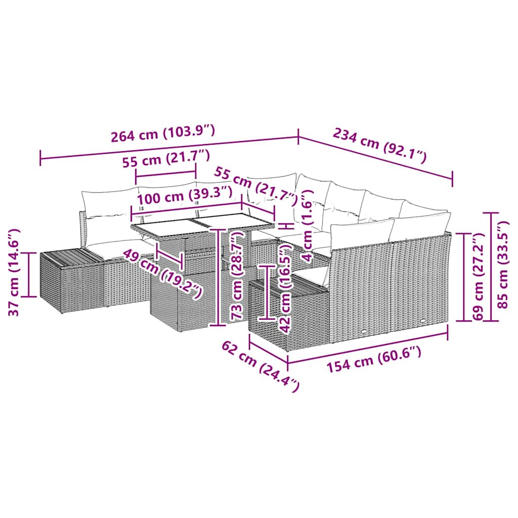 Gartensofa-set mit Kissen 9 pcs Grau Poly-Rattan