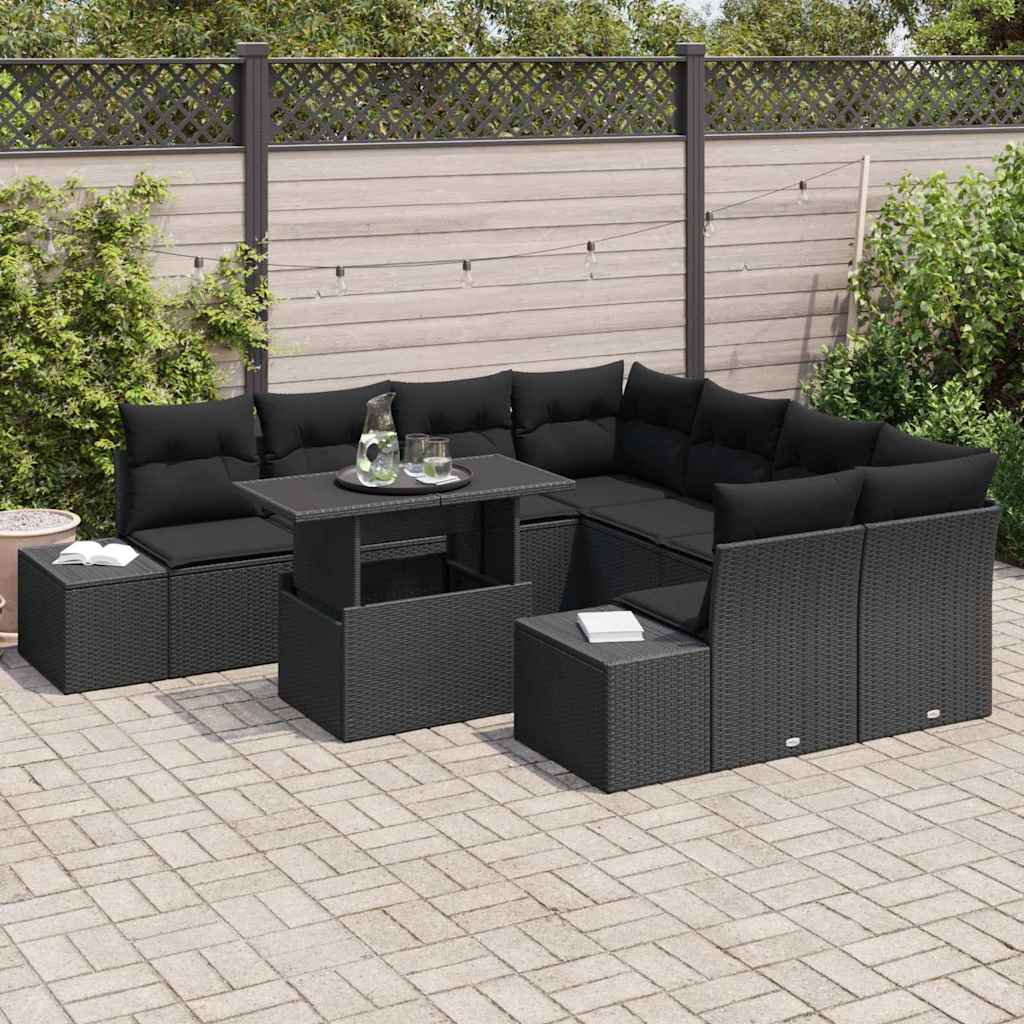 Gartensofa-set mit Kissen 9 pcs Schwarz Poly-Rattan