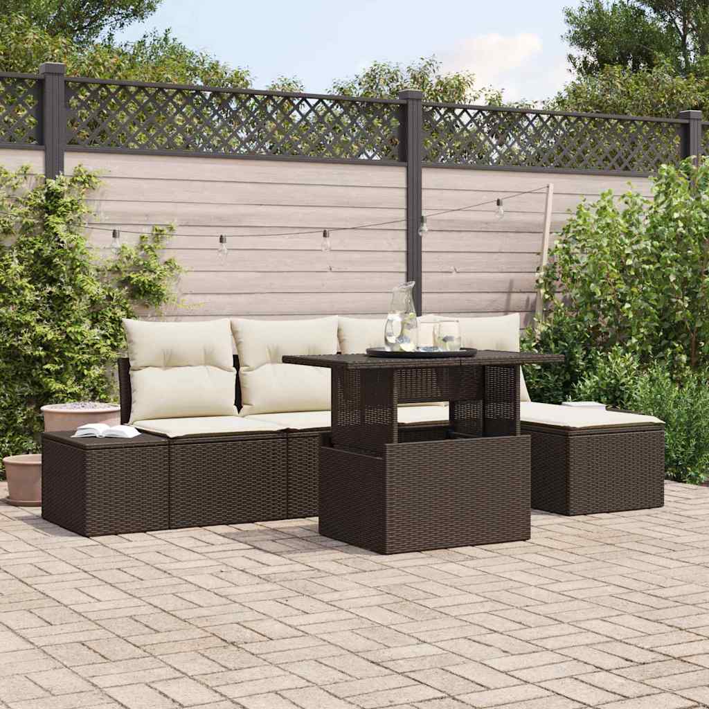 Gartensofa-set mit Kissen 6 pcs Braun und Creme Poly-Rattan