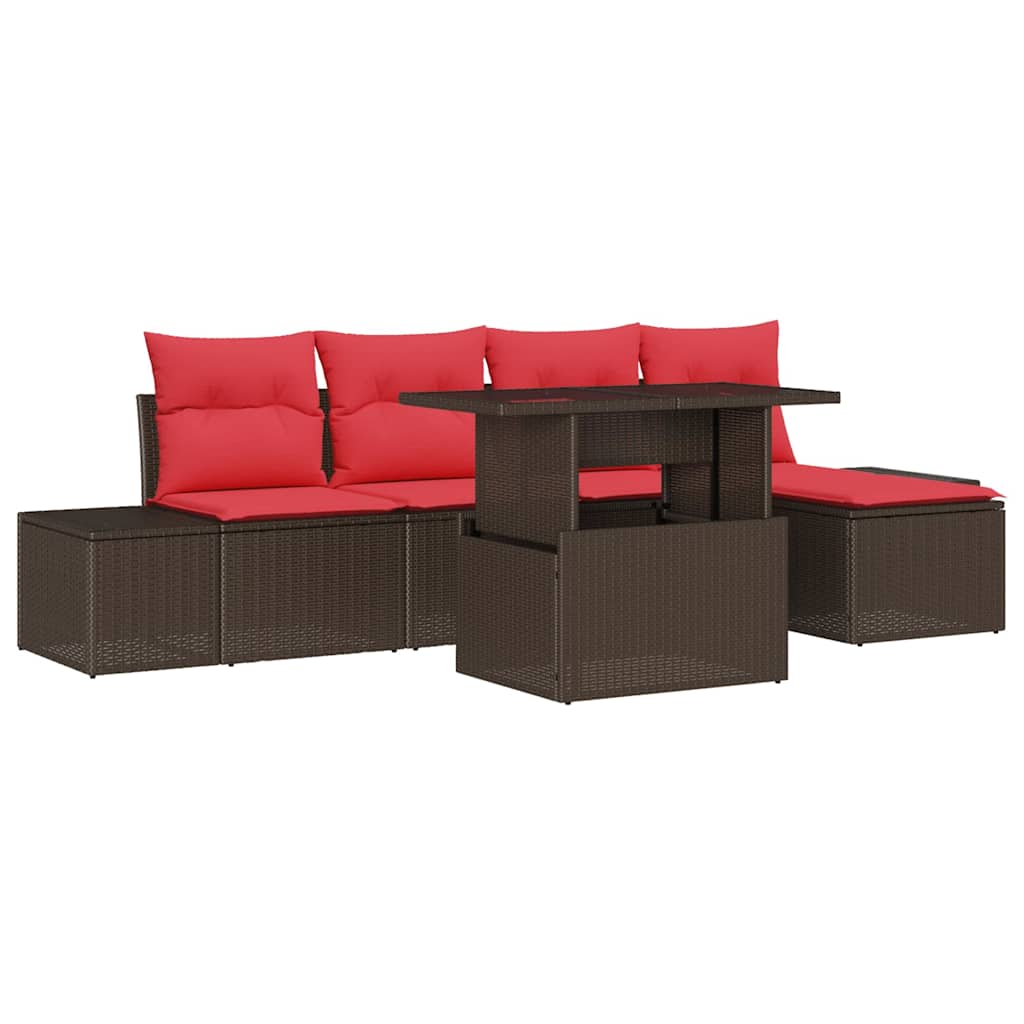Gartensofa-set mit Kissen 6 pcs Braun und Rot Poly-Rattan
