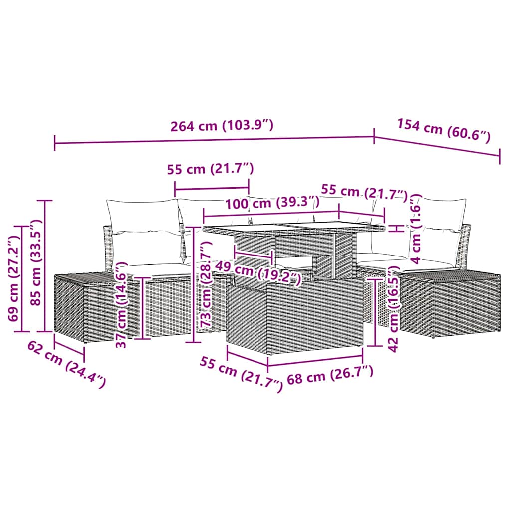 Garten-Sofa-Set mit Kissen 6 pcs Hellgrau Poly Rattan