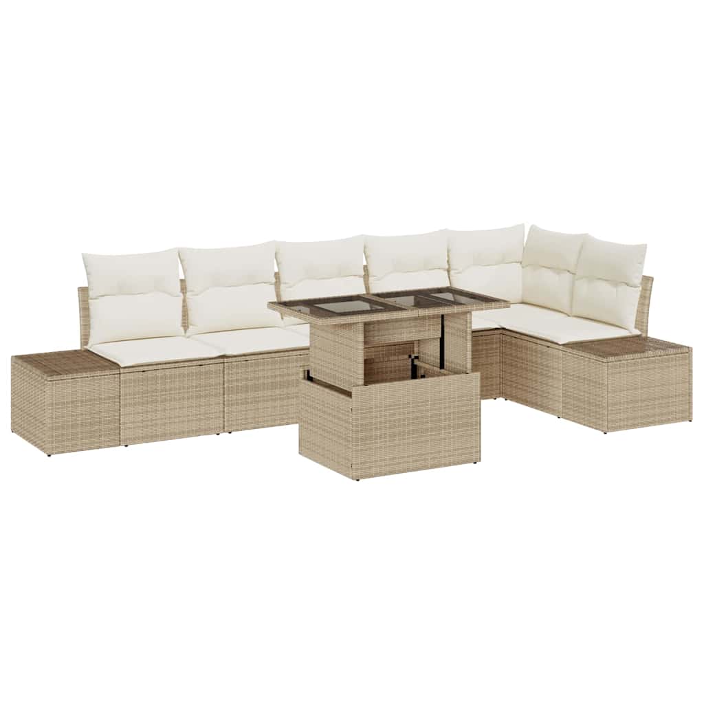 Gartensofa-set mit Kissen 7 pcs Beige und Creme Poly-Rattan