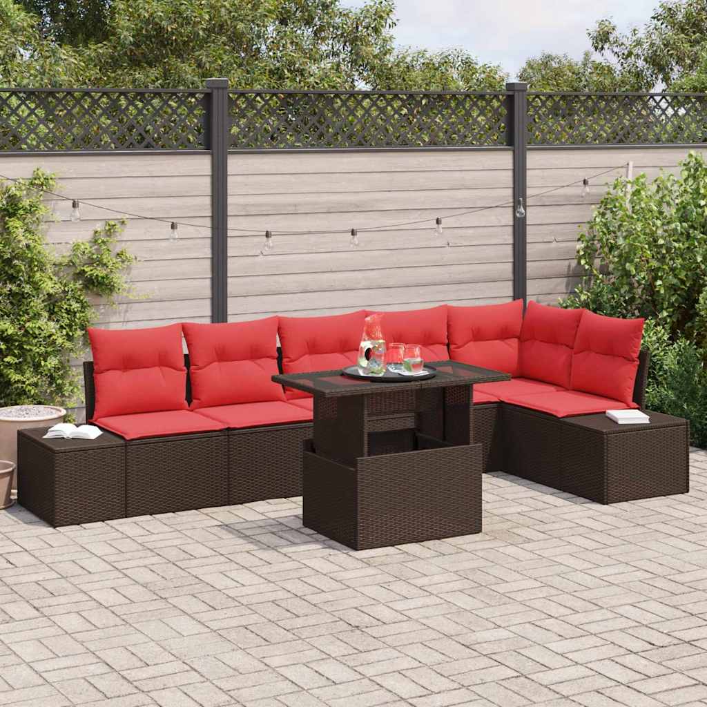 Gartensofa-set mit Kissen 7 pcs Braun und Rot Poly-Rattan