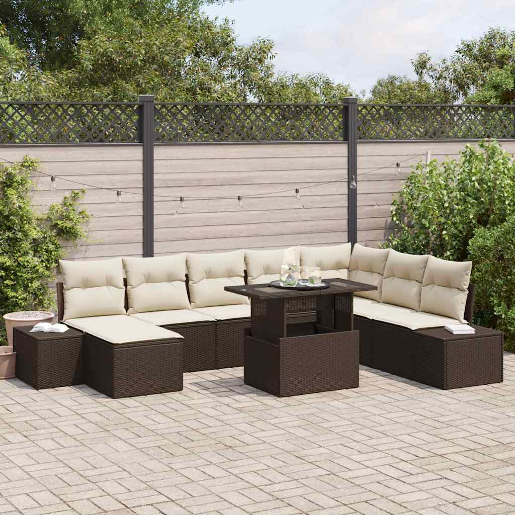 Gartensofa-set mit Kissen 9 pcs Braun und Creme Poly-Rattan