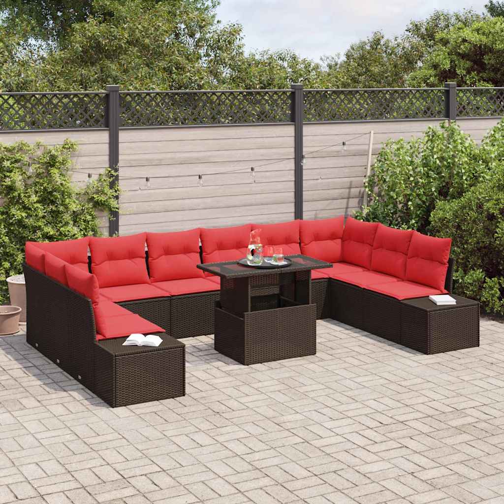 Gartensofa-set mit Kissen 11 pcs Braun und Rot Poly-Rattan